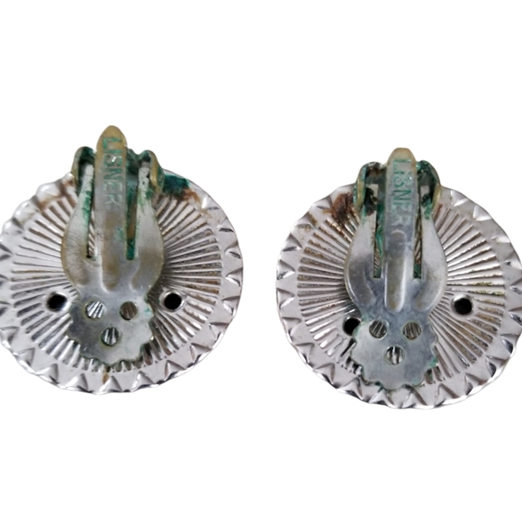 Vintage Signed Lisner Black Lucite Rhinestone Silver Tone Clip Earrings - Picture 7 of 12